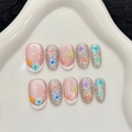 Handgefertigte kurze runde Kunstnägel mit bunten Blumen, Katzenauge und Silberglitzer - XS / Kurzes Oval (636)