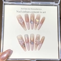 Roze gradiënt kunstnagels met 3D-bloemen, glitter en parels in lange stiletto vorm - XS / Dunne Stiletto Stijl (555-Xigoujian)