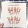 Rosa Ombré Stiletto Kunstnägel mit Goldglitzer, Perlen und 3D-Schleifen-Dekor - XS / Pfirsichrosa