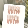 Rosé-Nude Cat-Eye Kunstnägel zum Aufkleben mit Strasssteinen und glitzerndem Finish - XS / Ballett-Stil / Frostiges Nude-Rosa