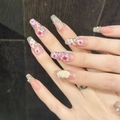Floral cat eye press-on nails with 3D flower crystals and pearls on long coffin base - XS / Medium Coffin (2163)