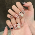 Faux ongles rose et noir avec oursons 3D, nœuds en ruban et décorations en strass - XS / Coffin Court (293)