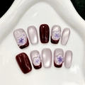 Unghie finte fatte a mano cat-eye con fiori 3D e finitura viola perlata - XS / 316-Nuovo stile cinese