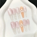 Rosa Katzenauge-Nägel zum Aufkleben mit 3D-Blumen und funkelndem Glitter-Finish - XS / Stiletto-Stil (284)