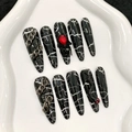 Handgefertigte schwarze Stiletto-Nägel mit Marmor-Muster, 3D-Spinne und Schlangen-Deko - XS / Dunkler Riss Stil (271-Xigoujian)