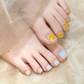 Blue and yellow handmade press-on toe nails with cute polka dots and cat-eye finish - S / Blue Yellow Polka Dot Toe Nails