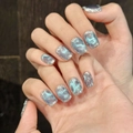 Uñas postizas hechas a mano ojo de gato azul con bordes de purpurina plateada forma corta - XS / Nueva Forma Cuadrada Corta (151)
