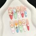 Uñas postizas kawaii 3D de oso y globos en colores pastel macaron con detalles de perlas - Estilo Oso Globo (Stiletto Delgado) / XS