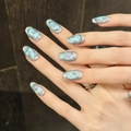 Uñas postizas hechas a mano azul hielo ojo de gato con purpurina plateada y forma ovalada - XS / Forma Ovalada Estrecha Corta (162)