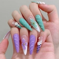 Unghie finte stiletto lunghe con fiori 3D e motivi zebrati in menta e viola - XS / Viola/Verde (Stiletto Lungo)
