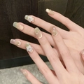 Unghie finte sfumate cat-eye con fiori 3D, perle e accenti di strass scintillanti - XS / Nuovo Quadrato Corto (528)
