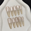 Unghie finte color champagne con glitter dorati sfumati e corona di strass lusso - XS / Stile Stiletto Sottile (436)