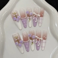 Handgefertigte Kunstnägel mit 3D-Tulpen, weißen Schleifen und Perlen in Lavendelviolett - XS / Lange Stiletto (2866-Xigoujian)