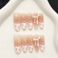 Uñas postizas florales pintadas a mano con lazos 3D y encaje francés blanco - XS