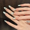Blue cat eye French press-on nails in almond shape with pearls and glitter accents - XS / Long Oval (2846)