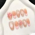 Unghie finte fatte a mano rosa con fiori 3D e perle in un'elegante forma ovale - XS / Rosa Pesca Francese