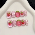 Set unghie finte pink cat-eye con fragole 3D e strass brillanti su vassoio in ceramica - XS / Stile Quadrato Corto Rosa (2918)