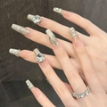 Handgemaakte zilveren cat-eye ballerina nagels met luxe strassteentjes en kroondetails - XS / Extra Lange Coffin Stijl (2881)