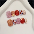 Handmade press-on nails with 3D floral designs, pearls and gold leaf in vibrant colors - XS / Short Round Style (2908)