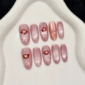 Uñas postizas rosa cat-eye con flores de camelia pintadas a mano y relieve en 3D - XS