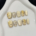 Champagne cat eye press-on nails with hand-painted bamboo and rhinestone accents - XS / Champagne Gold (2859-Short Trapezoid)