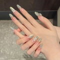 Uñas postizas artesanales degradadas con flores 3D y perlas en forma de almendra - XS / 2895-Ovalado Largo