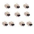Set of 10 gold heart charms with black enamel and rhinestones for DIY jewelry making - Double Heart Style (2#) / 10 Pieces Pack