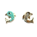 Golden dolphin charm earrings featuring blue turquoise beads and black stone eyes - Gold Dolphin