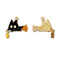 Detail van Halloween zwarte kat met bezem emaille hanger met voor- en gouden achterzijde textuur - 3# (Bezem Zwarte Kat)