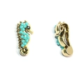 Golden seahorse earrings with turquoise blue beads and sparkling zircon accents - Golden Seahorse