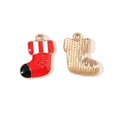 Pendentifs chaussettes de Noël avec émail rouge et dos texturé doré pour bijoux - Style de Chaussette de Noël à Rayures (13#)