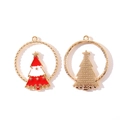 Pendentifs sapin de Noël en alliage avec émail rouge et blanc et cadre doré - Style Sapin de Noël Cadre Rond (1#)
