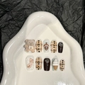 Uñas postizas artesanales marrones con ositos 3D y diseño de helado dulce de moda - Extra Pequeño (XS)