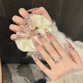 Unghie finte fatte a mano a mandorla cat-eye con strass di lusso e dettagli a catena argento - Extra Piccolo (XS) / Forma Ovale Lunga