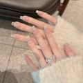 Long square cat-eye press-on nails with golden French gradient, pearls and rhinestones - XS / Short Coffin Shape (2581)