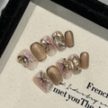 Handgemaakte herfstvlinder persnagels met champagne cat-eye afwerking en luxe strassteentjes - L / 2541 Super Kort Trapezium