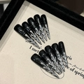 Gothic Stiletto Kunstnägel mit 3D Silber-Flammen-Relief und schwarzem Design - XS / 2567 Lange Stiletto-Form