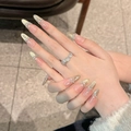 Handmade almond press-on nails in nude pink with golden cat-eye glitter and pearls - XS / Long Oval (2586)