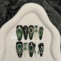 Luxury emerald press-on nails with gemstone accents and hand-painted almond shape art - Extra Small (XS)