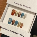 Handmade autumn press-on nails with blue marbling and gold metallic textures in a premium box - Extra Small (XS) / 2616 Short Coffin