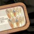 Press-on nails in sunset gradient ballerina style with gold glitters and heart crystals - XS / Stiletto Shape