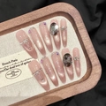 Pink cat eye press-on nails with luxury rhinestones and almond shape French design - XS / 2626 Fine Tapered