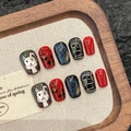 Uñas postizas artesanales con diseño de conejo retro y patrones de mármol rojo rico - XS / Estilo Animado Conejo Ojos Grandes (2712) / Ataúd Ultra Corto