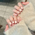 Handmade burgundy French tip press-on nails with champagne cat-eye glitter finish - Extra Small (XS)