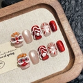 Uñas postizas 3D hechas a mano danza del león rojo con detalles dorados y perlas - Extra Pequeño (XS)