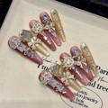 Luxury pink glitter and golden cat-eye press-on nails with 3D crystals and bows - Extra Small (XS) / Rotating Fireworks Heavy Luxury Style (2506)