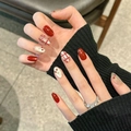 Handmade cherry pattern red checkerboard press-on nails in oval shape for autumn winter - Short Oval (2746) / Extra Small (XS)