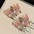 Unghie finte lunghe a trapezio con strass champagne, perle e motivo leopardato - XS
