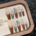 Uñas postizas largas tipo ataúd hechas a mano con diseño de cuadros y gemas azules - XS / Ataúd Largo