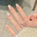 Uñas postizas estilo sirena con alas de mariposa doradas y detalles de perlas - XS / Ataúd Corto (2767)
